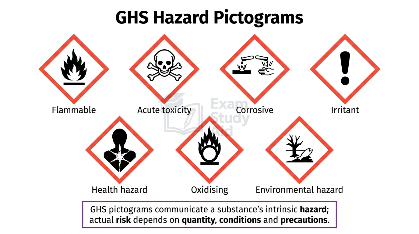 Eight GHS hazard pictograms labelled flammable, acute toxicity, corrosive, irritant, health hazard, oxidising and environmental hazard.