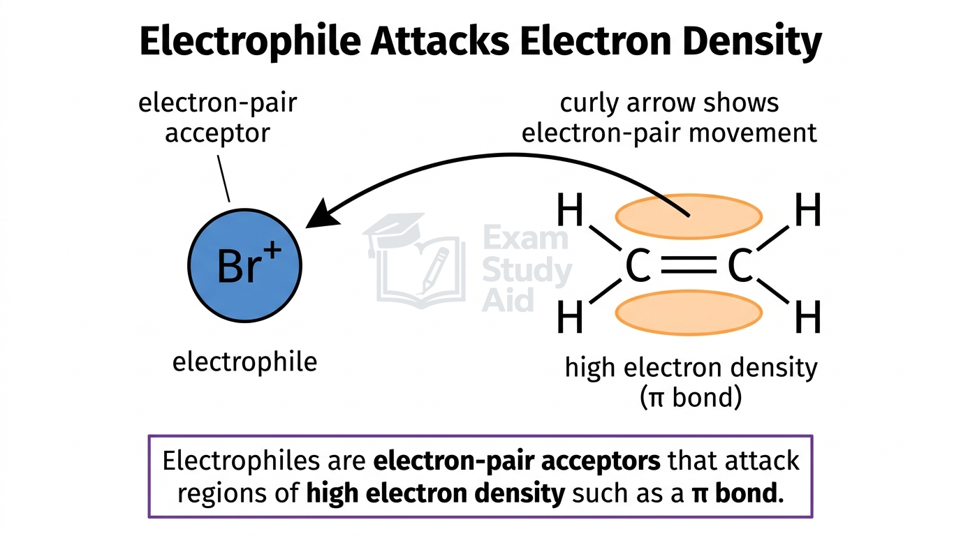 Electrophile attacking electron density: a Br+ electron-pair acceptor with a curly arrow showing electron movement from the high-density pi bond of ethene.