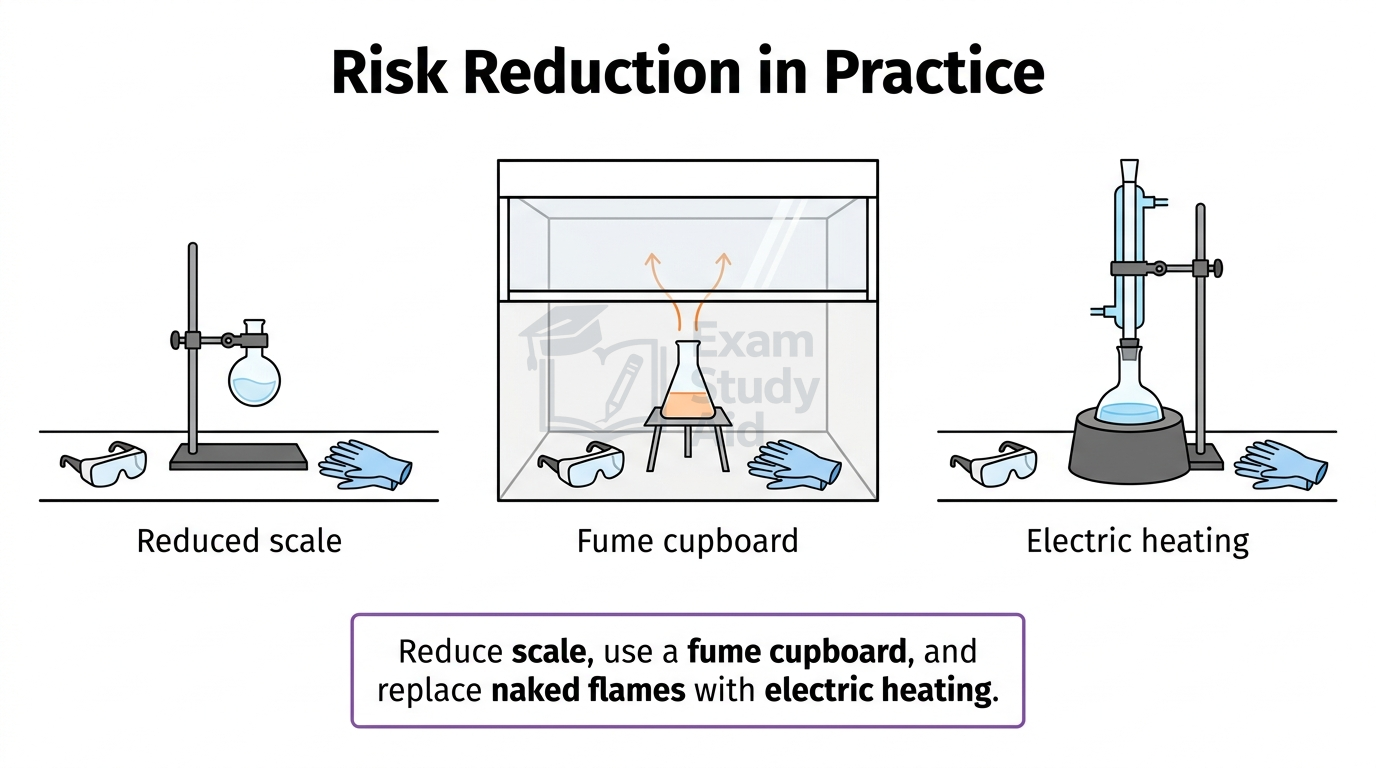 Three risk-reduction methods illustrated: working at reduced scale, using a fume cupboard, and replacing naked flames with electric heating.