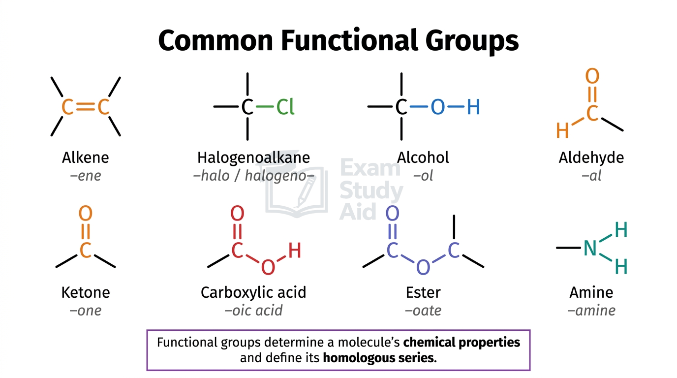Bond diagrams of eight common functional groups with suffixes: alkene, halogenoalkane, alcohol, aldehyde, ketone, carboxylic acid, ester and amine.