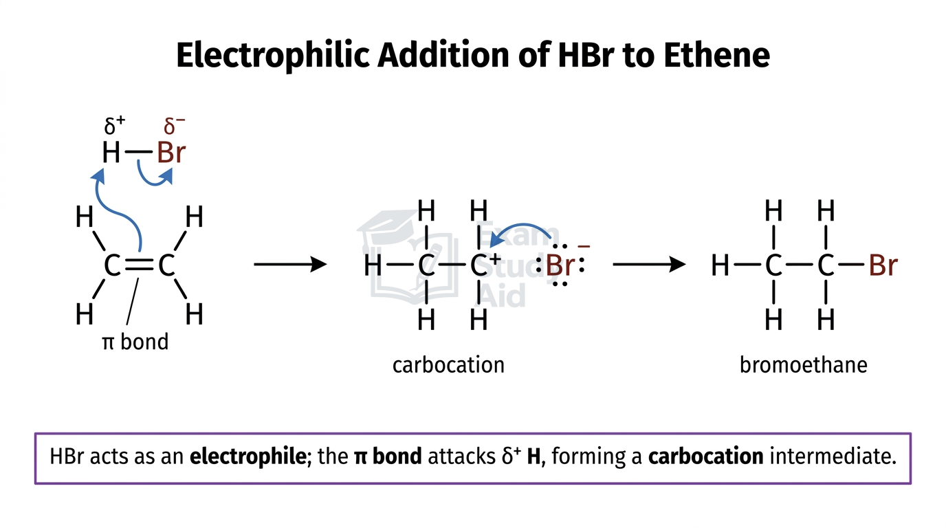 Electrophilic addition mechanism of HBr to ethene showing the pi bond attacking the delta-plus H, forming a carbocation captured by bromide to give bromoethane.