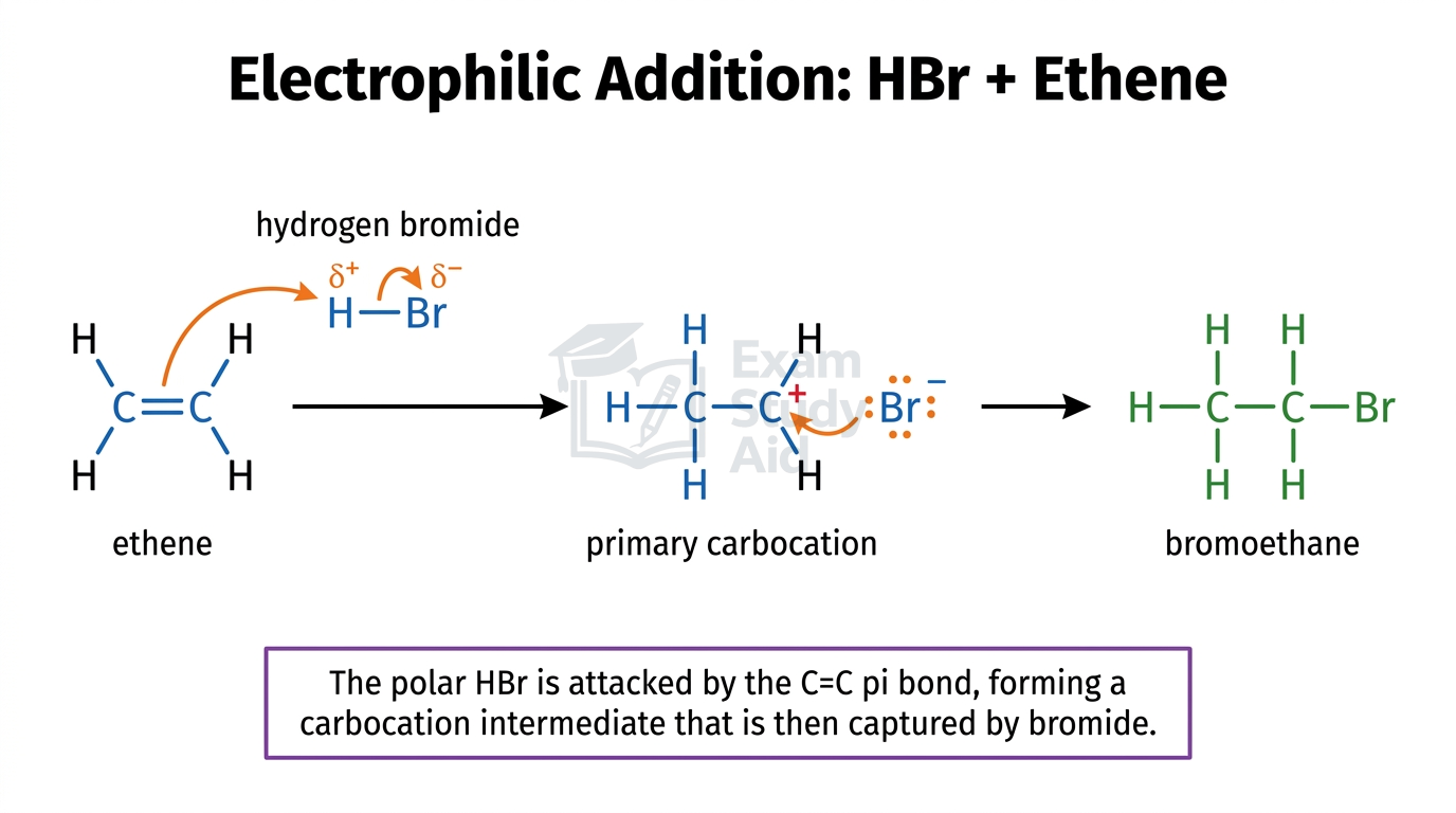 Curly-arrow electrophilic addition of hydrogen bromide to ethene forming a primary carbocation intermediate then bromoethane, with reactants coloured.