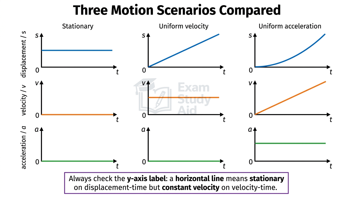 Grid of nine motion graphs comparing stationary, uniform velocity and uniform acceleration across displacement-time, velocity-time and acceleration-time axes.