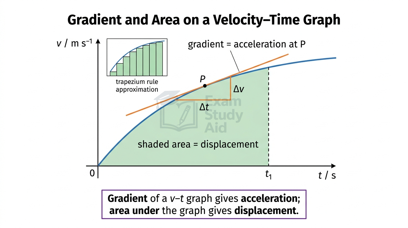 Velocity-time graph showing gradient at point P equals acceleration and the shaded area under the line equals displacement, with a trapezium-rule strip.