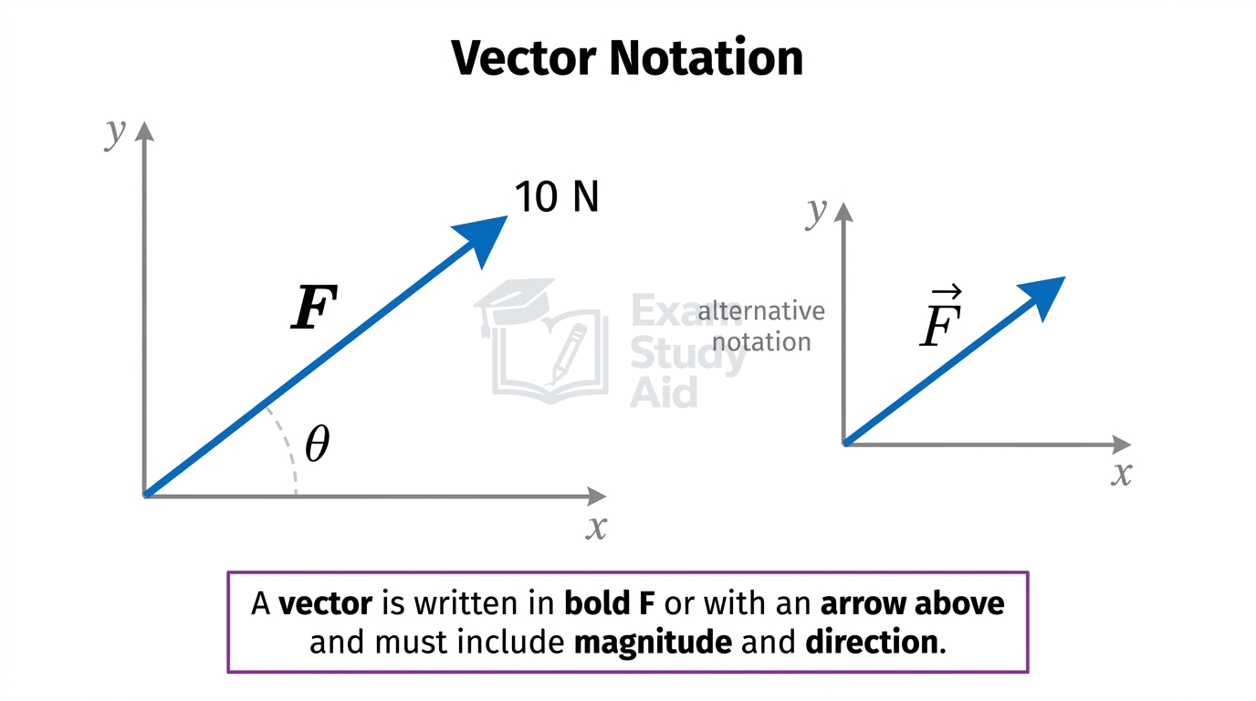 A 10 N force vector drawn as an arrow at angle theta on x-y axes, shown in bold F and arrow-above notation for magnitude and direction.