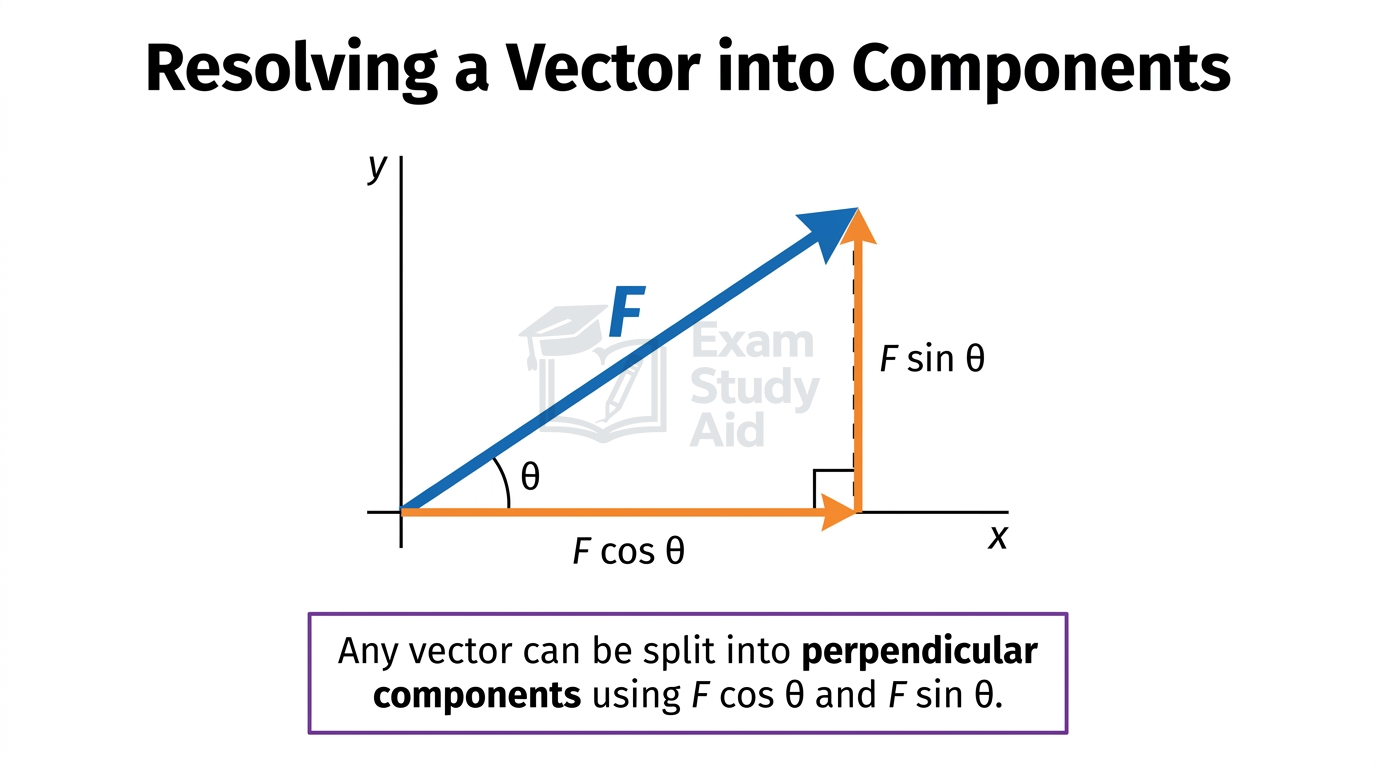 Vector F on x-y axes resolved into a horizontal component F cos theta and a perpendicular vertical component F sin theta forming a right-angled triangle.