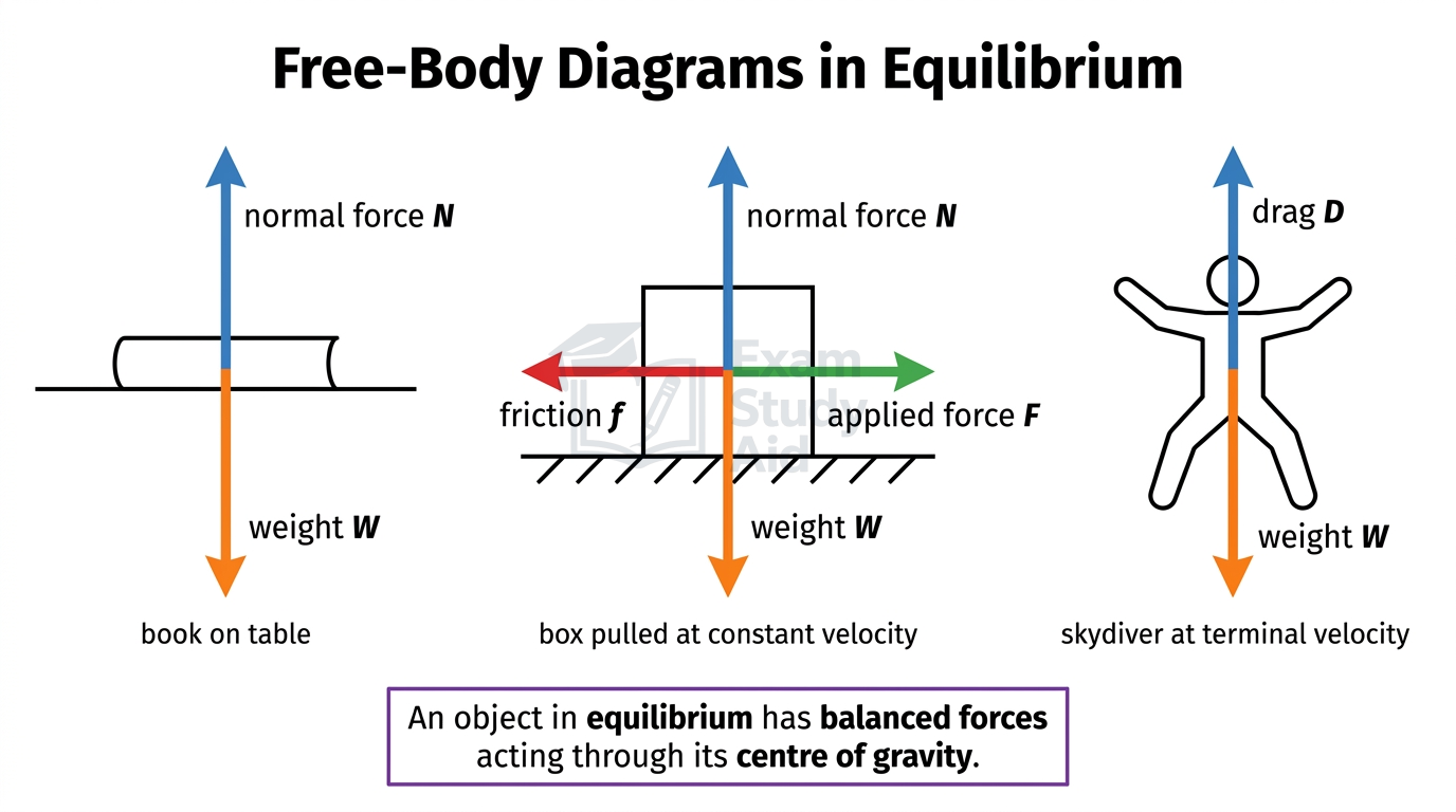 Three free-body diagrams in equilibrium: a book on a table, a box pulled at constant velocity, and a skydiver at terminal velocity, with balanced force arrows labelled.