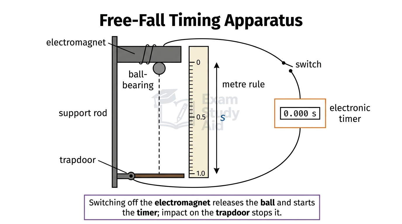 Free-fall apparatus with an electromagnet holding a ball-bearing above a trapdoor beside a metre rule, wired to an electronic timer that starts on release.