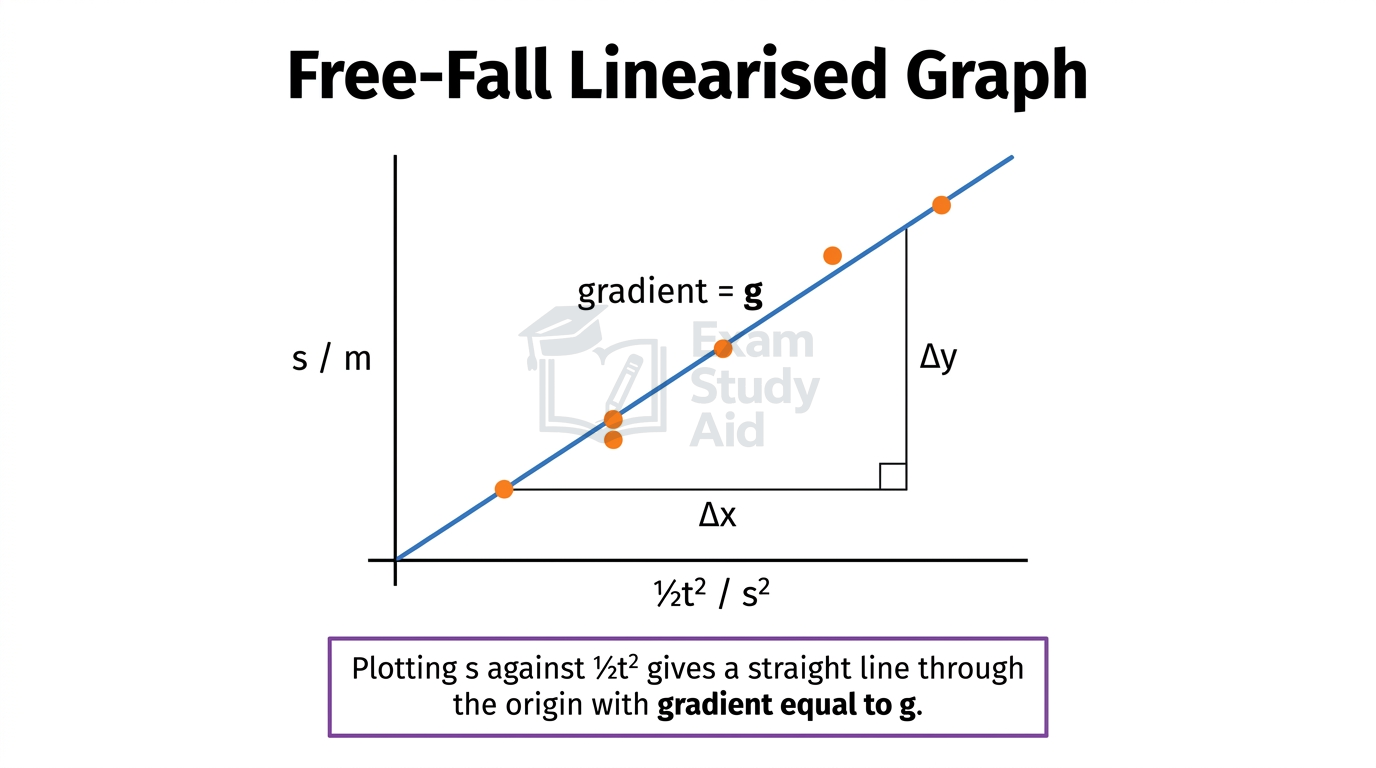 Linearised free-fall graph of displacement s against half t-squared giving a straight line through the origin whose gradient equals g, with delta-y and delta-x triangle.