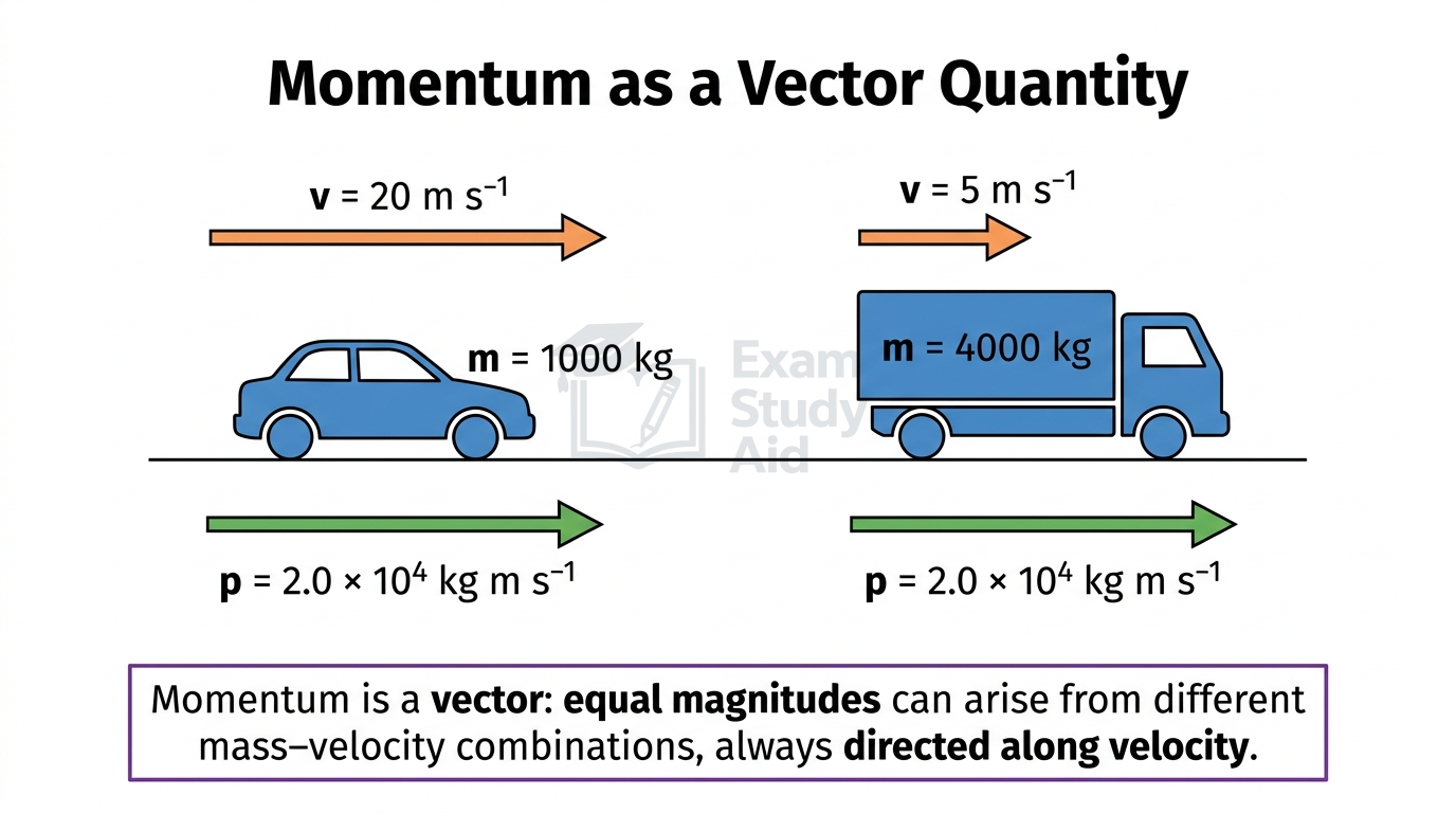A light fast car and a heavy slow lorry drawn with different mass and velocity yet the same momentum of 2.0 times ten to the six kilogram metres per second.