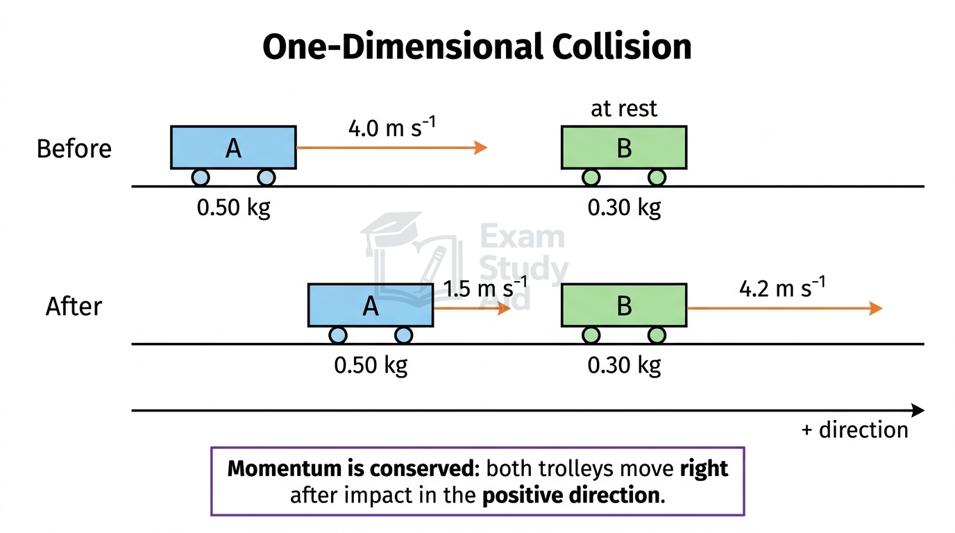 One-dimensional collision showing trolley A striking stationary trolley B, with before and after velocities confirming momentum is conserved in the positive direction.