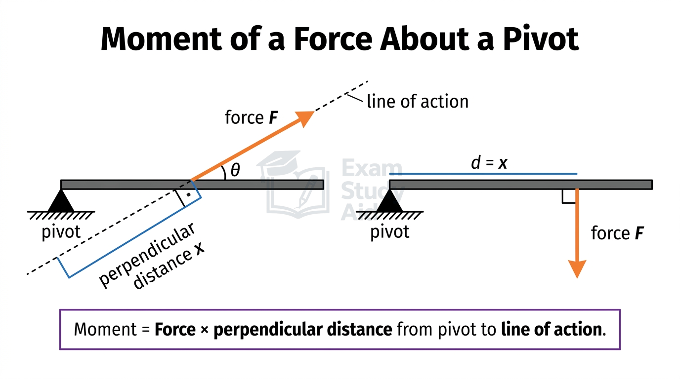Diagram defining moment of a force about a pivot as force times the perpendicular distance x from the pivot to the force's line of action.
