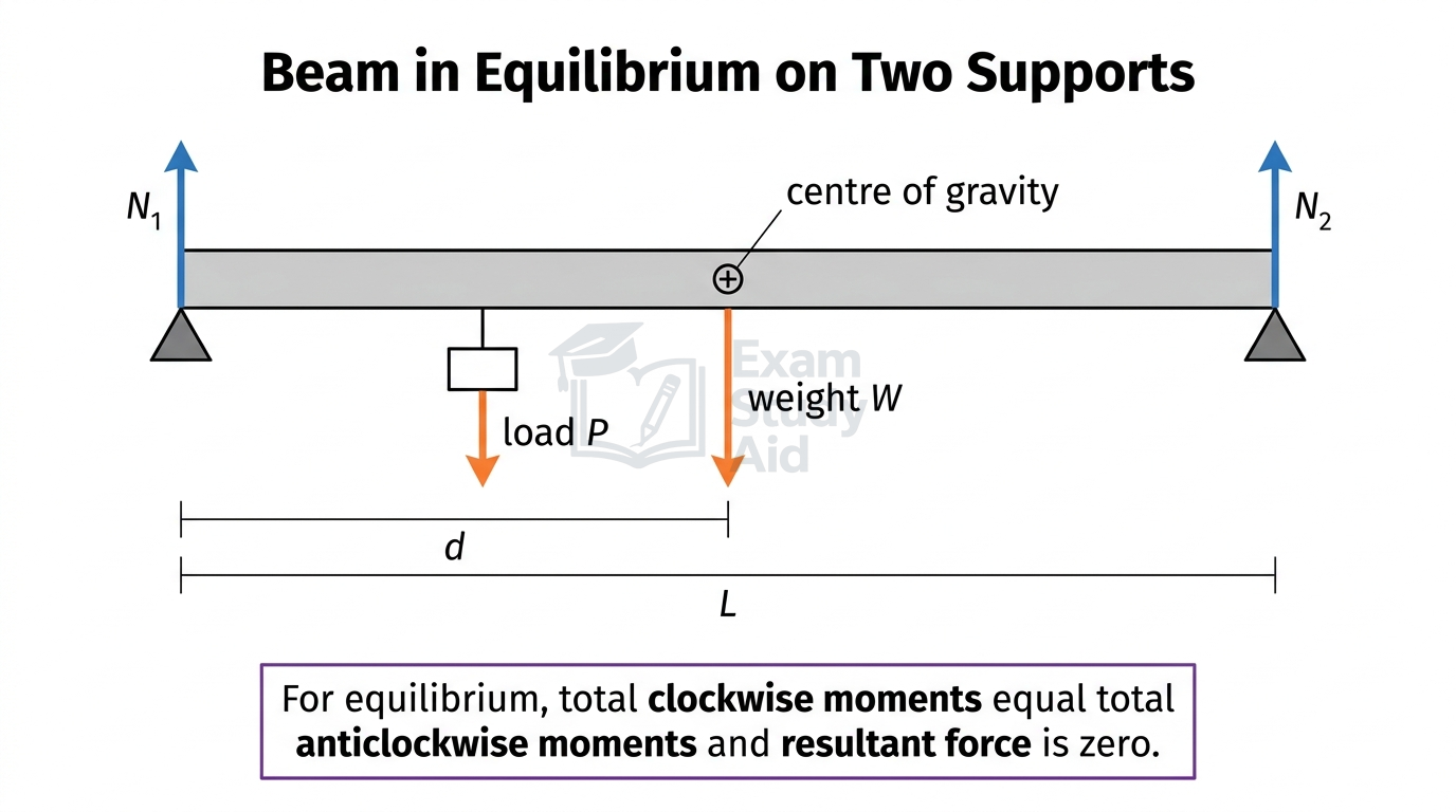 Horizontal beam on two supports giving normal forces N1 and N2, with weight W at the centre of gravity and a load P at distance d, in equilibrium.