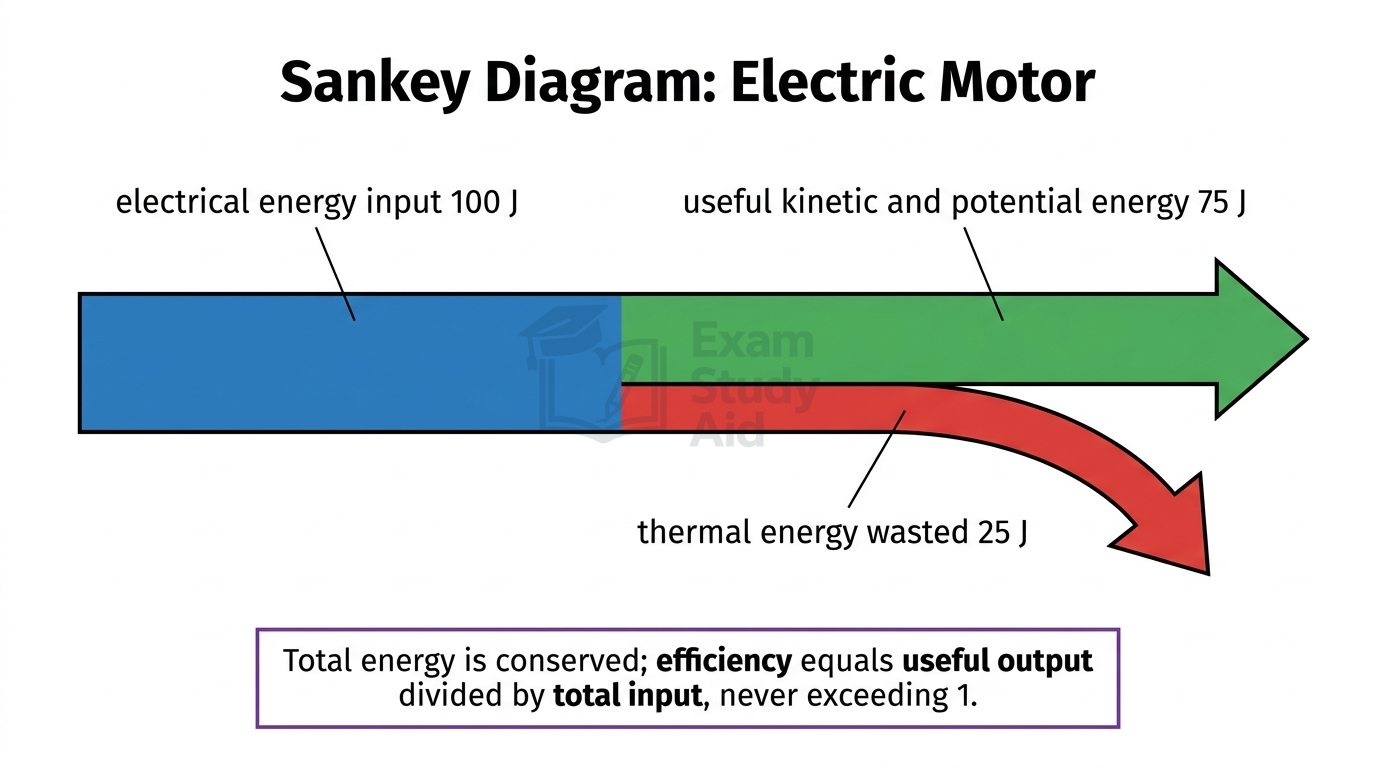 Sankey diagram for an electric motor: 100 J electrical input splits into 75 J useful kinetic and potential energy and 25 J wasted thermal energy.