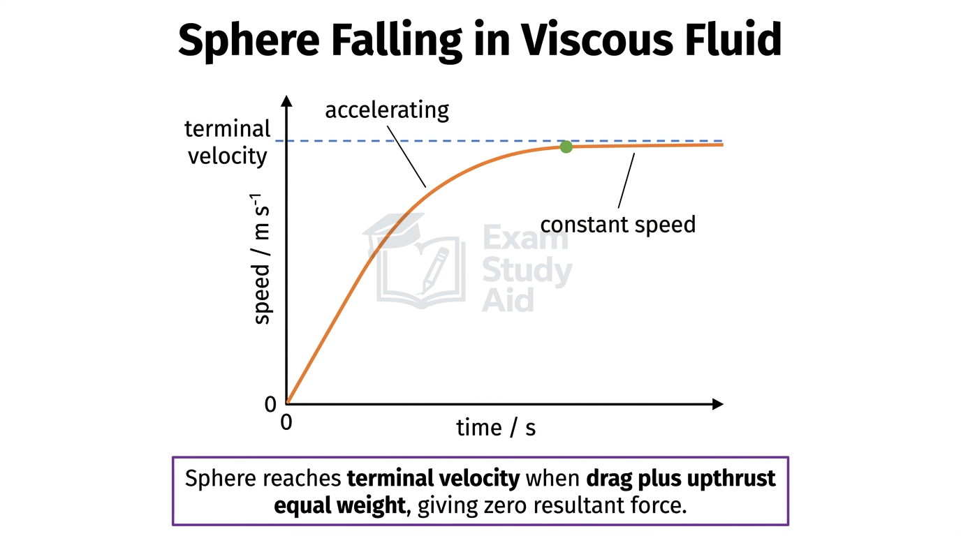Speed-time graph of a sphere falling through viscous fluid, accelerating then levelling off at a constant terminal velocity where resultant force is zero.
