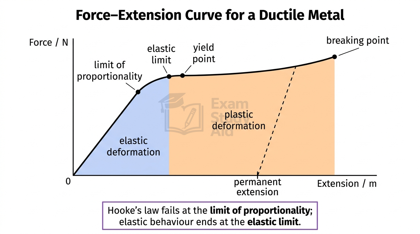 Force-extension curve for a ductile metal marking the limit of proportionality, elastic limit, yield and breaking points, with elastic and plastic deformation regions.