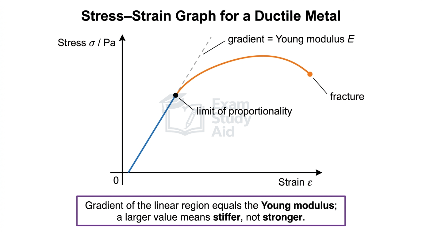 Stress-strain graph for a ductile metal where the gradient of the linear region gives the Young modulus, marking the limit of proportionality and fracture point.
