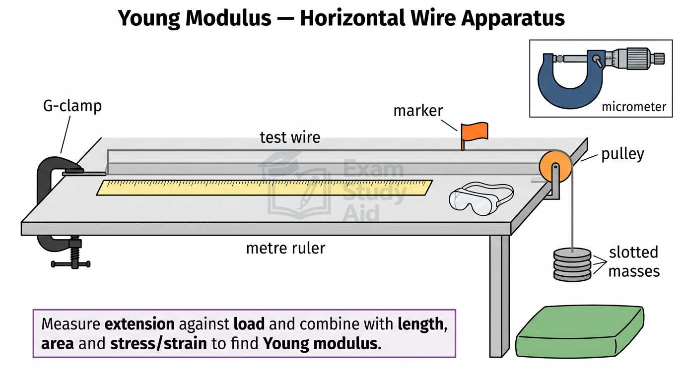 Horizontal wire apparatus for measuring Young modulus: a test wire clamped by a G-clamp runs over a pulley to slotted masses, with a marker, ruler and micrometer.