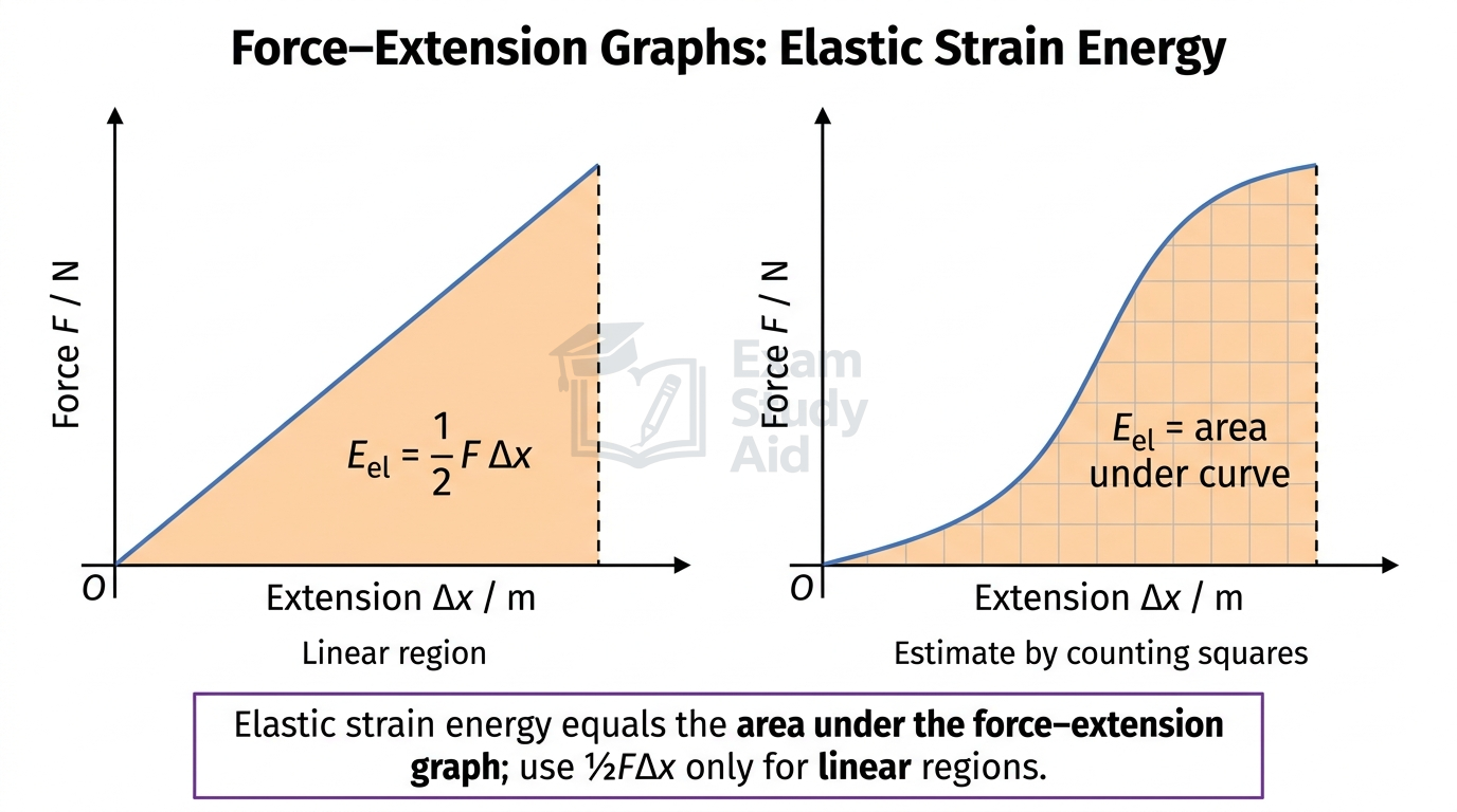 Two force-extension graphs showing elastic strain energy as the area under the line: a triangle giving half F delta-x, and a curved graph estimated by counting squares.