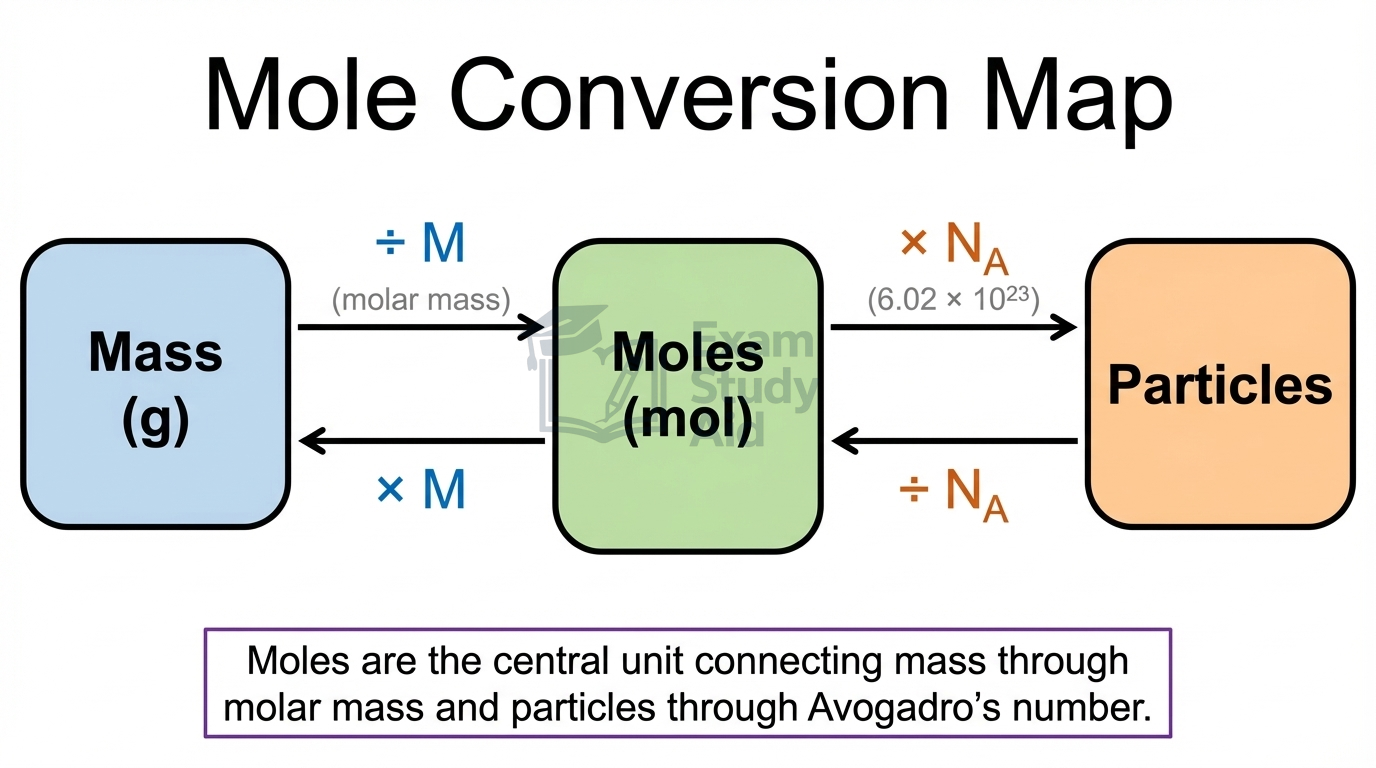 Mole conversion map: mass in grams links to moles by dividing or multiplying by molar mass, and moles link to particles via Avogadro's number.