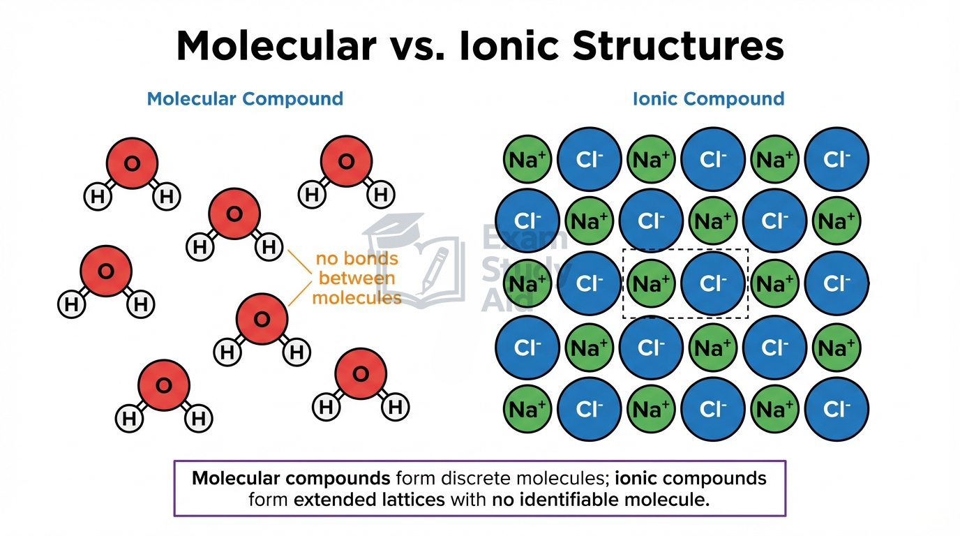 Comparison showing water as discrete molecular units versus a sodium chloride ionic lattice of alternating Na-plus and Cl-minus ions with no distinct molecule.