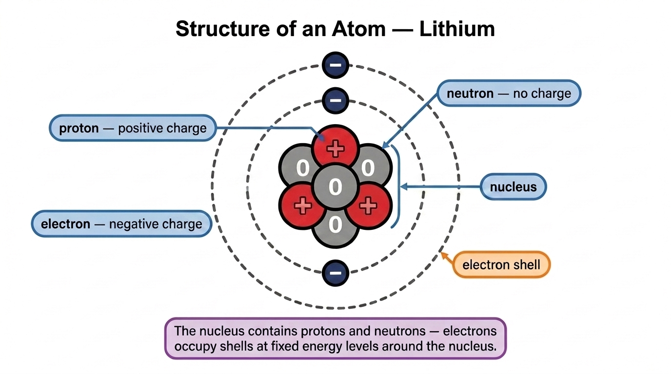 Bohr model of a lithium atom labelling the nucleus of positive protons and neutral neutrons surrounded by negative electrons in fixed energy shells.