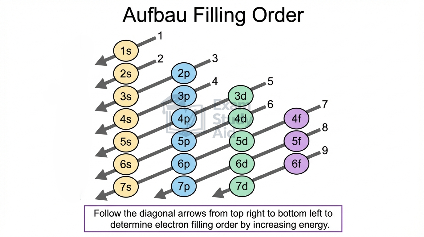 Aufbau diagram of subshells 1s through 7p with diagonal arrows showing electron filling order from top right to bottom left by increasing energy.