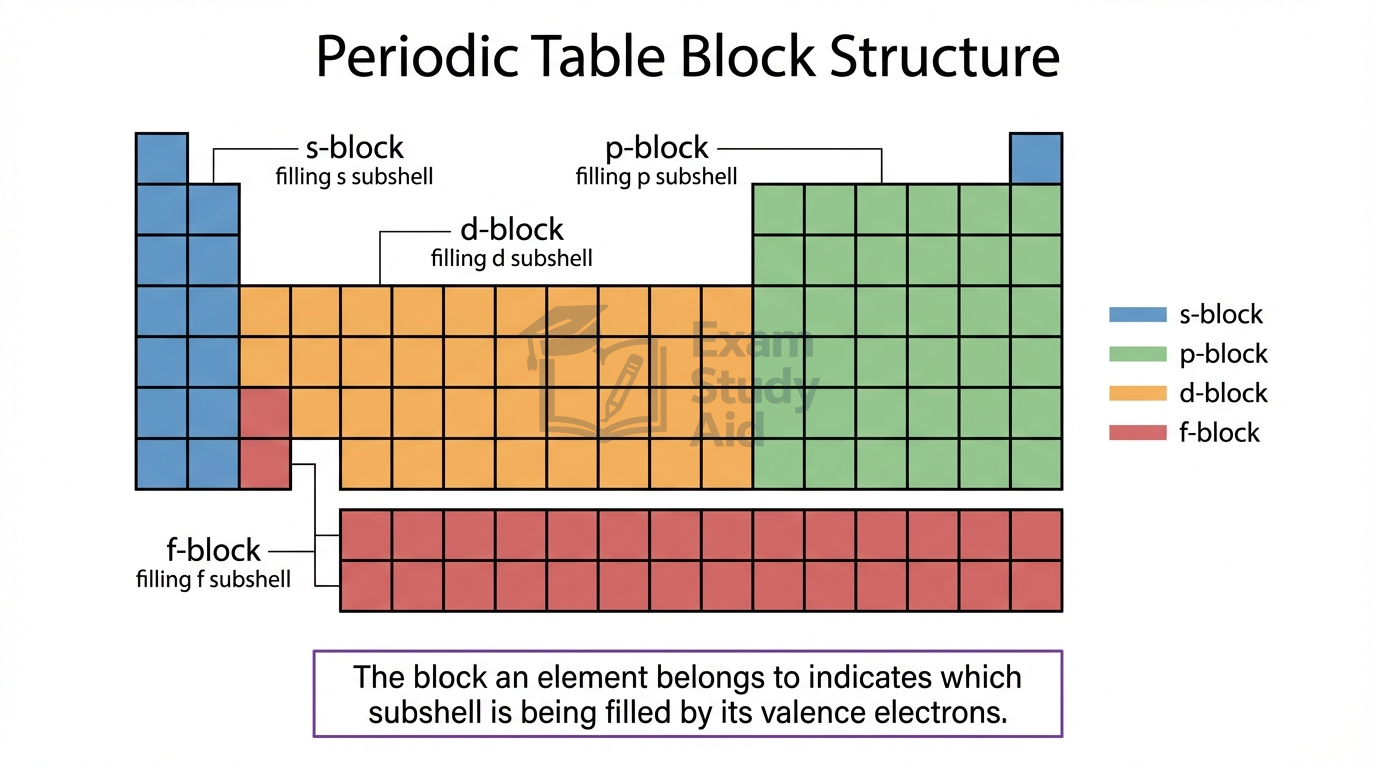 Periodic table colour-coded into four blocks — s-block, d-block, p-block, and f-block — each labelled with the subshell its elements are filling; the block an element belongs to indicates which subshell is being filled by its valence electrons.