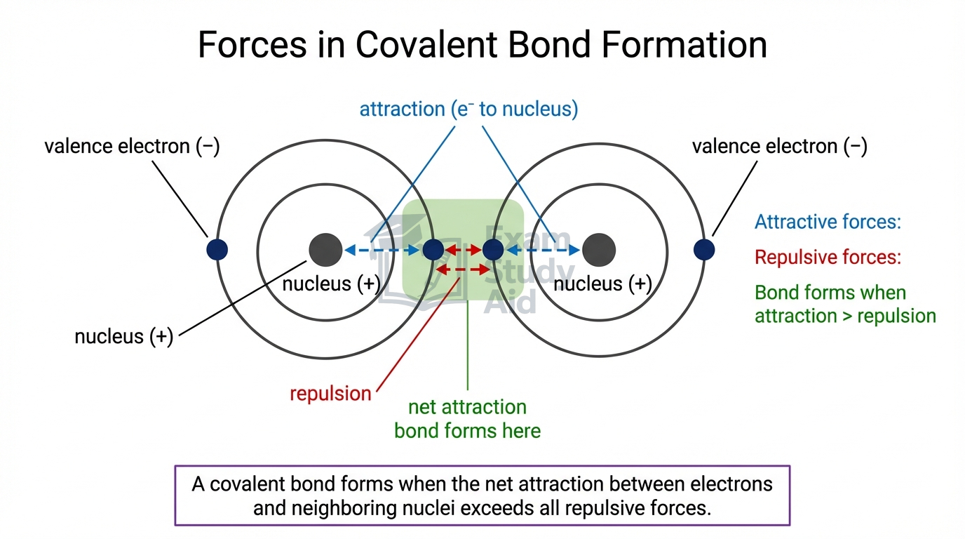 Diagram of covalent bond formation showing two atoms whose valence electrons are attracted to both nuclei, forming a bond where attraction exceeds repulsion.