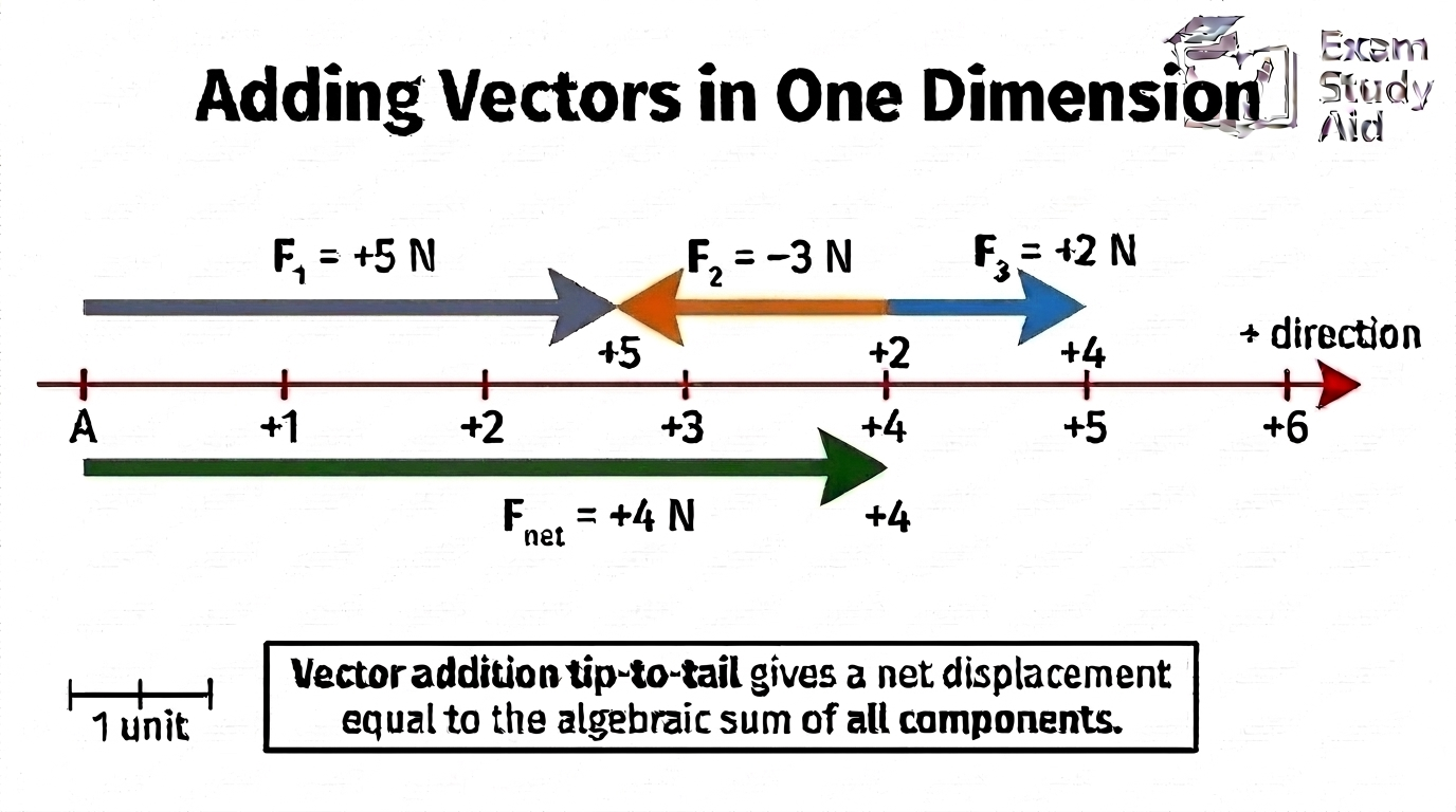 One-dimensional vector addition on a number line combining +5 N, -3 N and +2 N tip-to-tail to give a net force of +4 N as the algebraic sum.