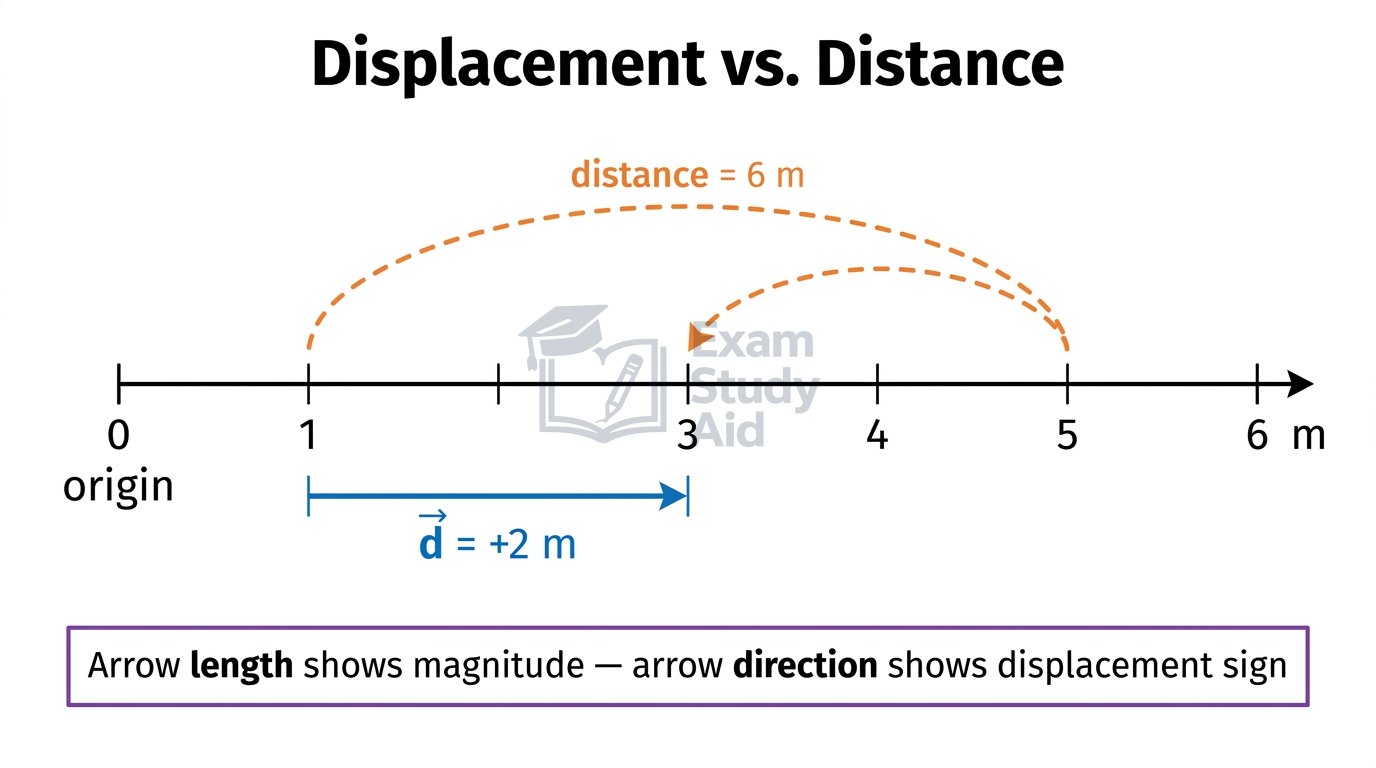 Number line contrasting a 6 m path (distance) travelled from 1 to 5 and back to 3 with the net displacement vector of +2 m from start to finish.