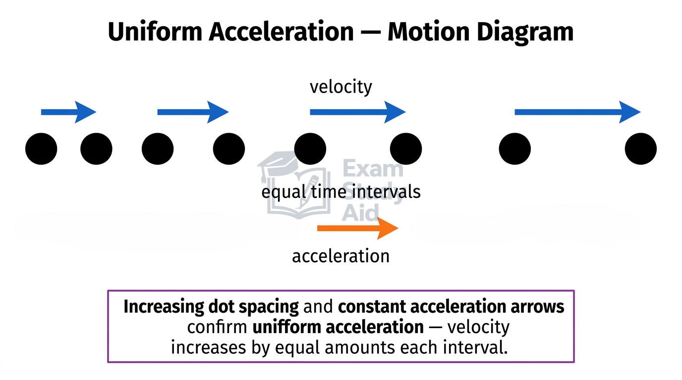 Motion diagram of dots with increasing spacing and constant acceleration arrows, showing uniform acceleration where velocity grows by equal amounts each interval.