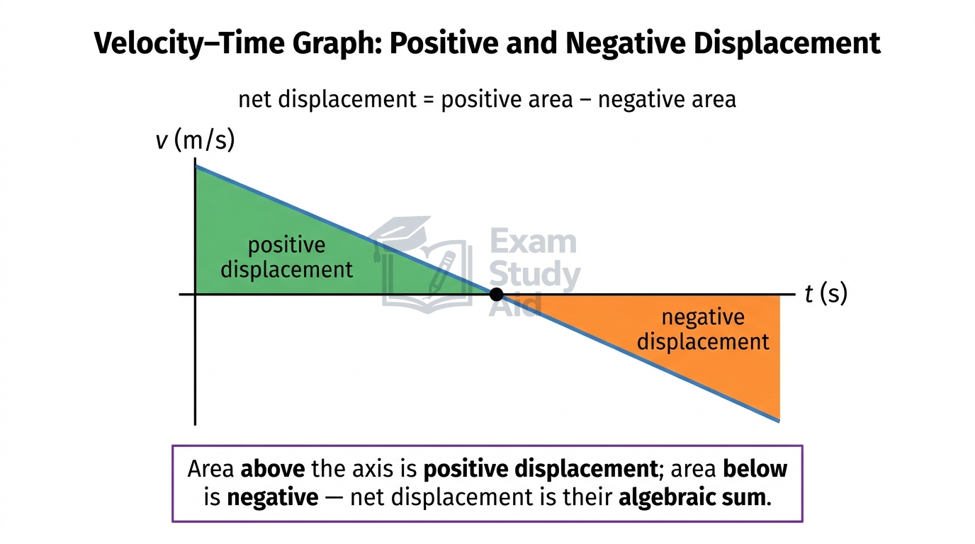 Velocity-time graph with positive area above the axis and negative area below, net displacement being the algebraic sum of the two.