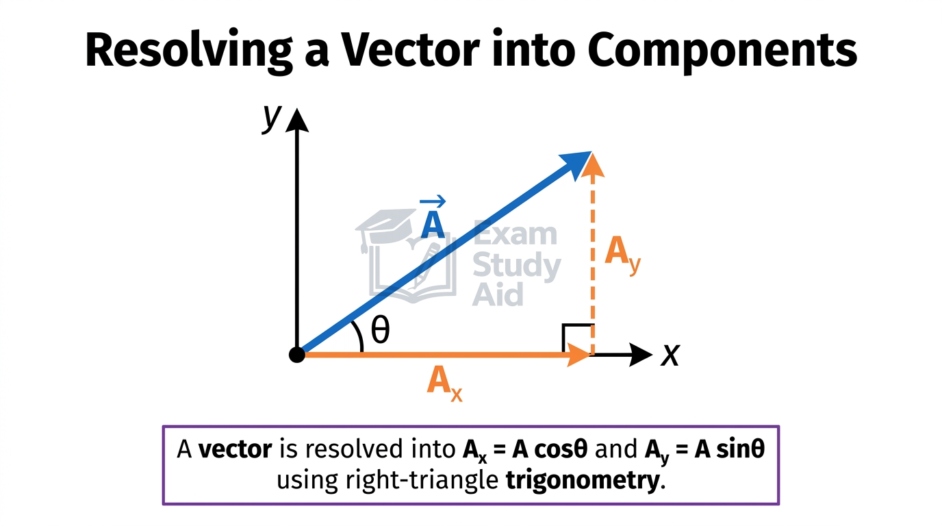 Vector A on x-y axes resolved into its horizontal component Ax equals A cosine theta and vertical component Ay equals A sine theta using a right triangle.