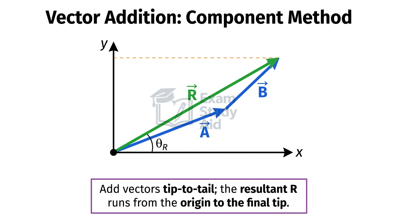 Vectors A and B added tip-to-tail on x-y axes, giving resultant R running from the origin to the final tip at angle theta-R.