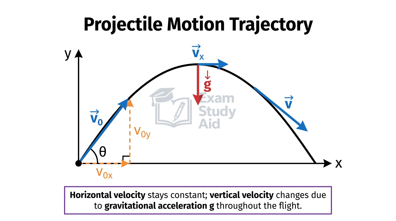 Parabolic projectile trajectory showing constant horizontal velocity, downward gravity g, and velocity vectors that tilt as vertical speed changes along the path.