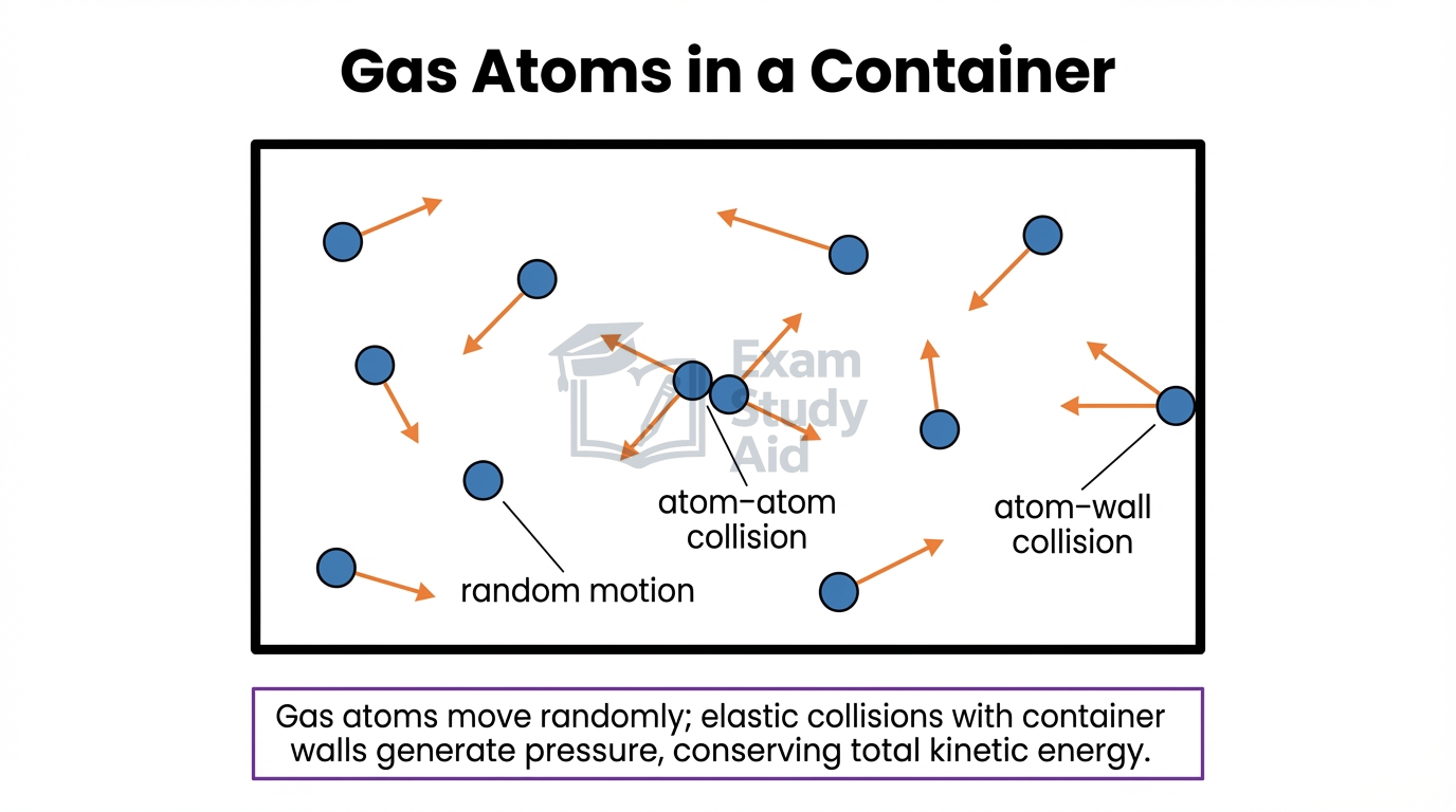 Gas atoms moving randomly inside a container with velocity arrows, illustrating random motion, atom-atom collisions, and atom-wall collisions that generate pressure.