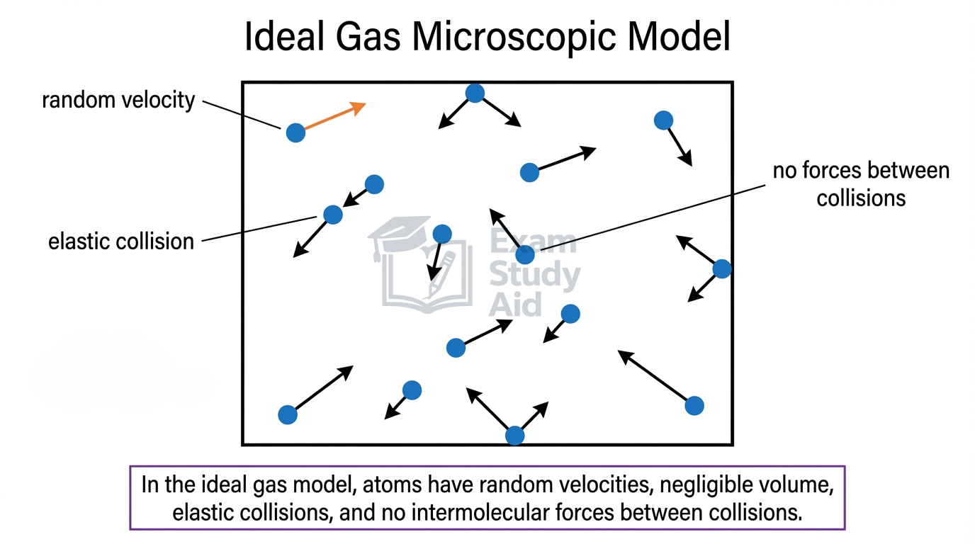 Microscopic model of an ideal gas showing atoms as dots with random velocity arrows, labelled elastic collisions and no intermolecular forces between collisions.