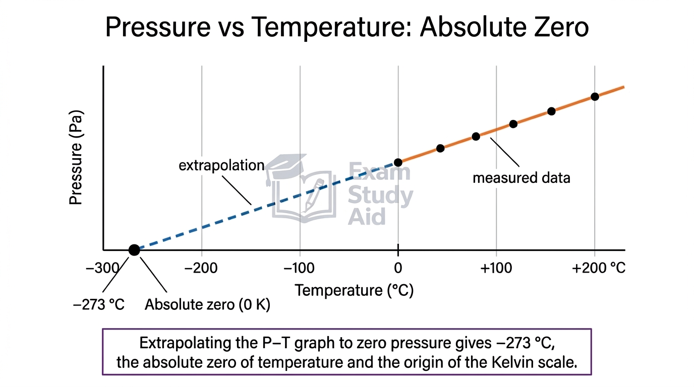 Pressure versus temperature graph with measured data extrapolated back as a dashed line crossing zero pressure at minus 273 degrees Celsius, absolute zero.