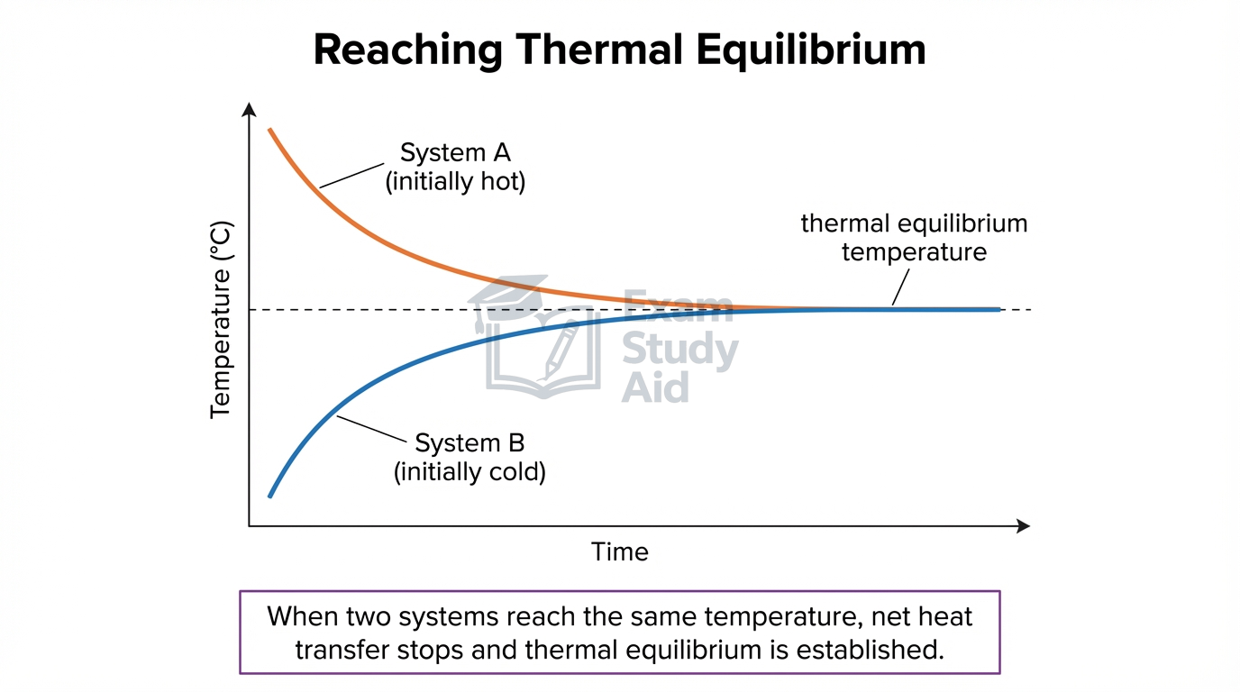 Temperature versus time graph showing hot System A cooling and cold System B warming until both curves meet at a shared thermal equilibrium temperature.