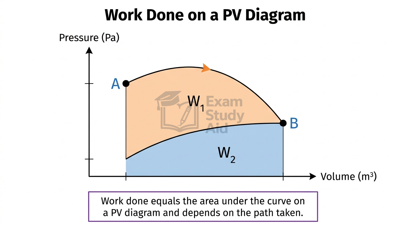 PV diagram with two curved paths from state A to state B enclosing different shaded areas, showing that work done depends on the path taken.