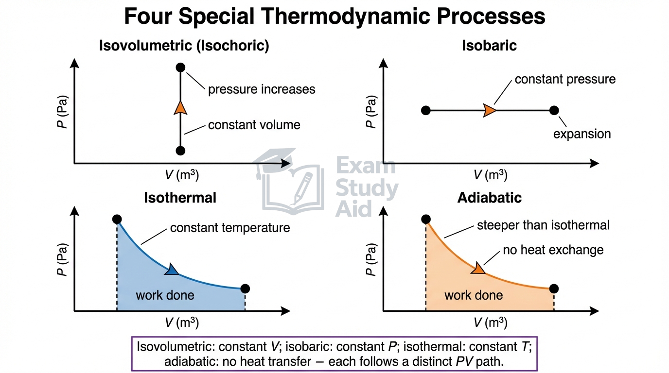 Four PV diagrams for isovolumetric, isobaric, isothermal, and adiabatic processes, each showing a distinct path shape and its work area.