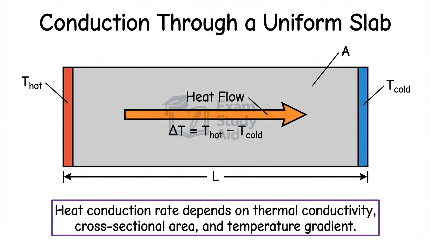 Uniform slab of length L and area A with a hot face and cold face, showing heat flow driven by the temperature difference across it.
