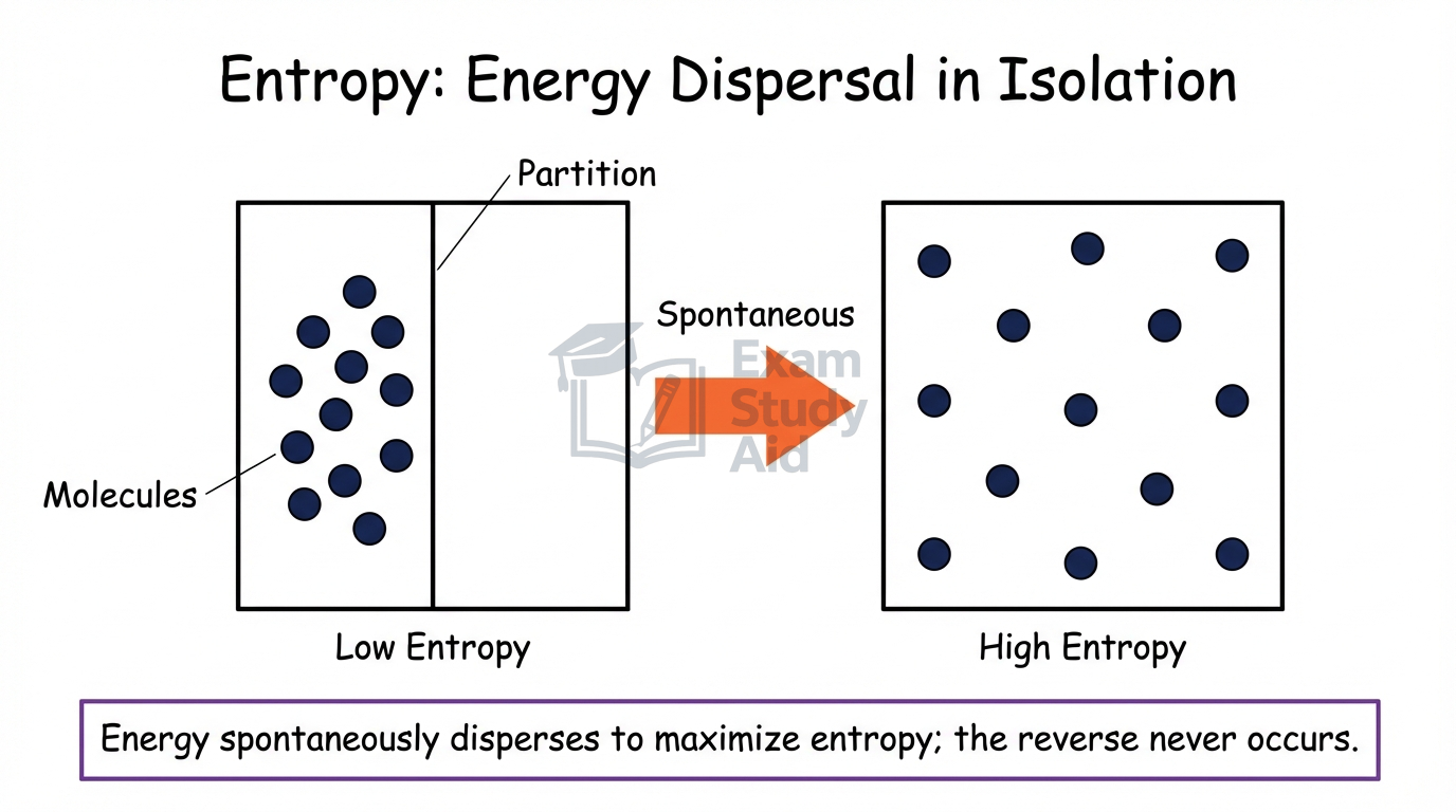 Two boxes showing gas molecules initially confined by a partition to one side (low entropy) then spread throughout after the partition is removed (high entropy).