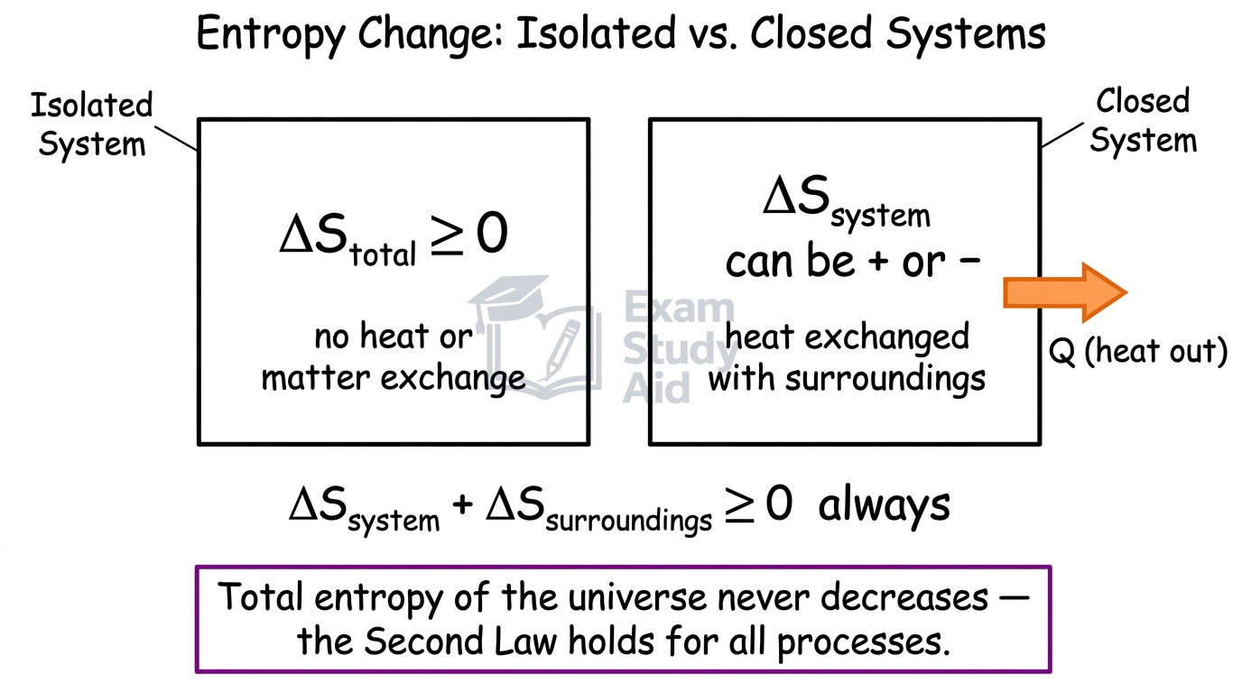 Diagram contrasting an isolated system where total entropy change is at least zero with a closed system whose entropy can fall as heat leaves to surroundings.