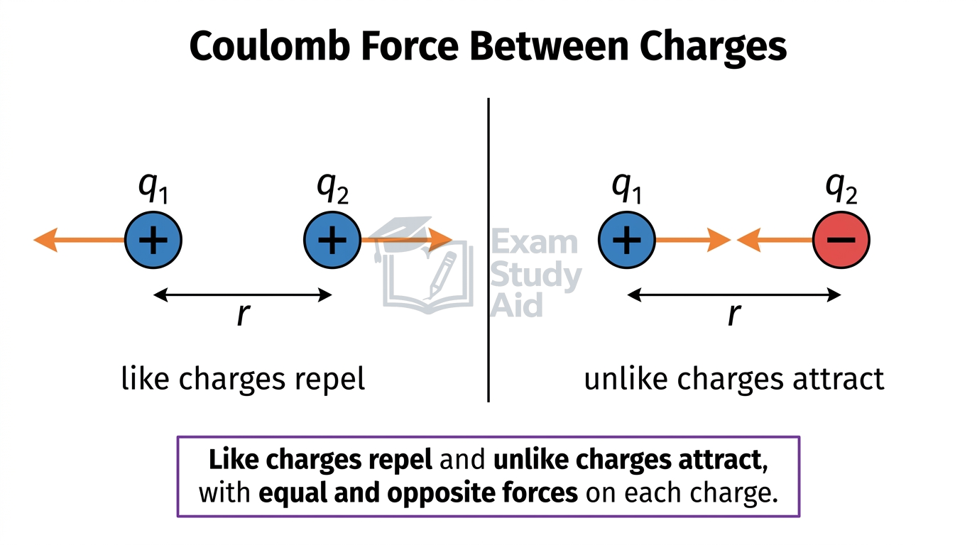 Coulomb force diagram: two positive charges repel with equal outward forces, while a positive and a negative charge attract with equal inward forces, separated by r.