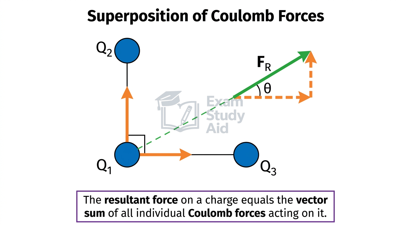 Superposition of Coulomb forces on charge Q1 from Q2 and Q3, with the two perpendicular force arrows adding to a resultant vector F-R at angle theta.
