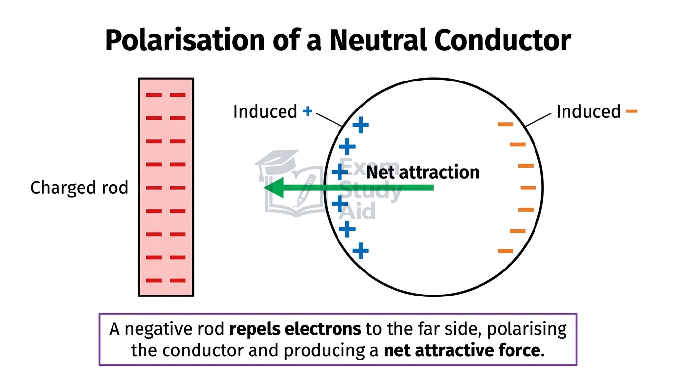A negative charged rod polarising a neutral conductor: electrons are repelled to the far side, leaving induced positive charge near the rod and a net attraction.