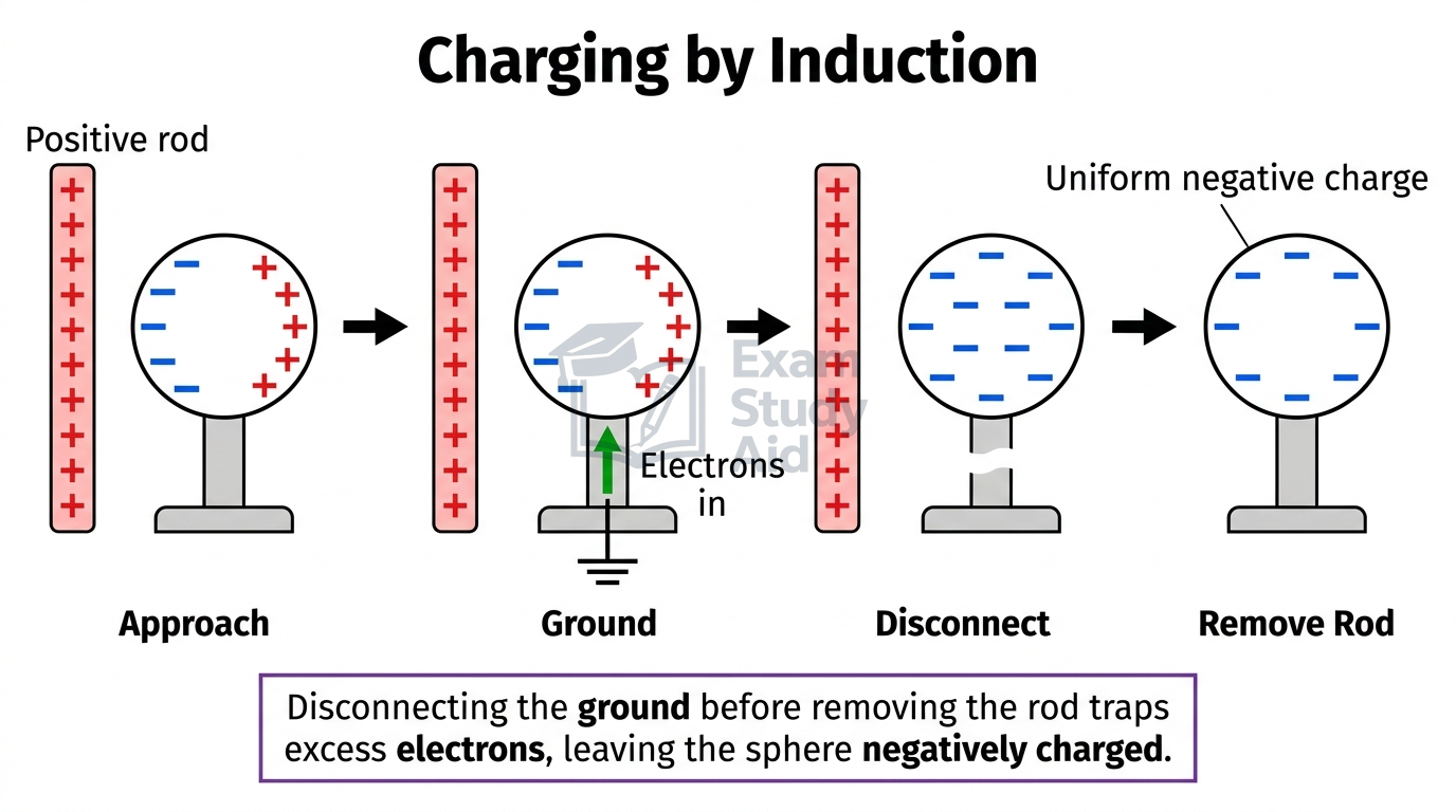 Four-step charging by induction: a positive rod approaches a sphere, grounding lets electrons in, the ground is disconnected, then the rod is removed leaving net negative charge.