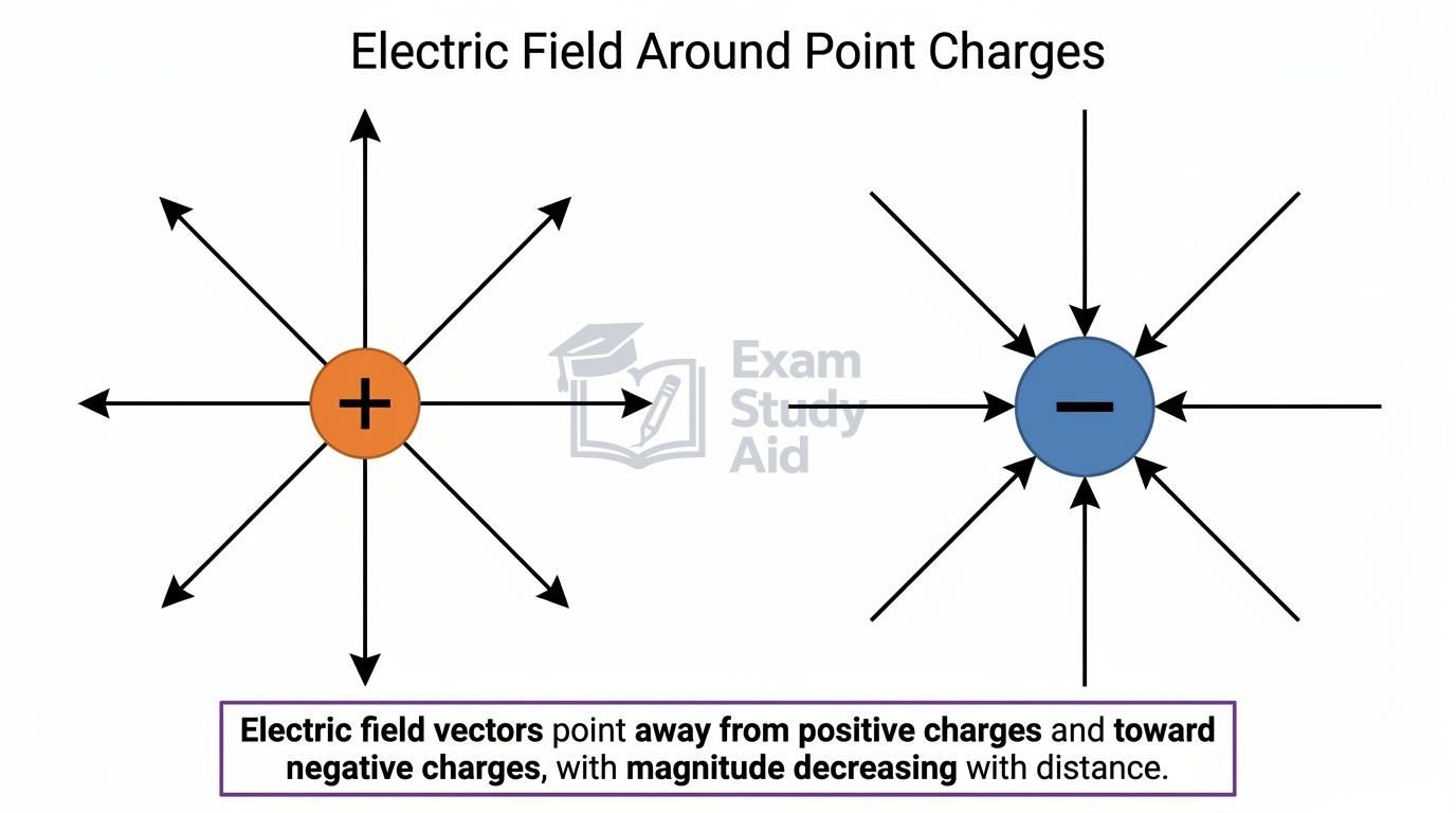 Electric field vectors radiating outward from a positive point charge and inward toward a negative point charge, with magnitude decreasing with distance.